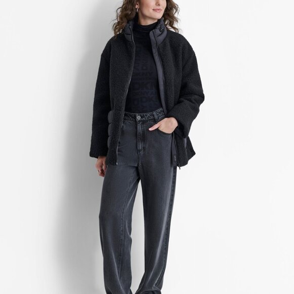 NWT DKNY Women's Faux-Shearling Contrast Stand-Collar Jacket XL - Picture 2 of 3